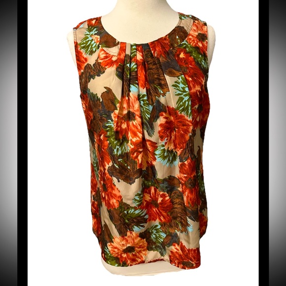 Talbots Sleeveless Floral Orange 100% Silk Blouse Top Shell Size 8 Medium Career - Picture 3 of 9